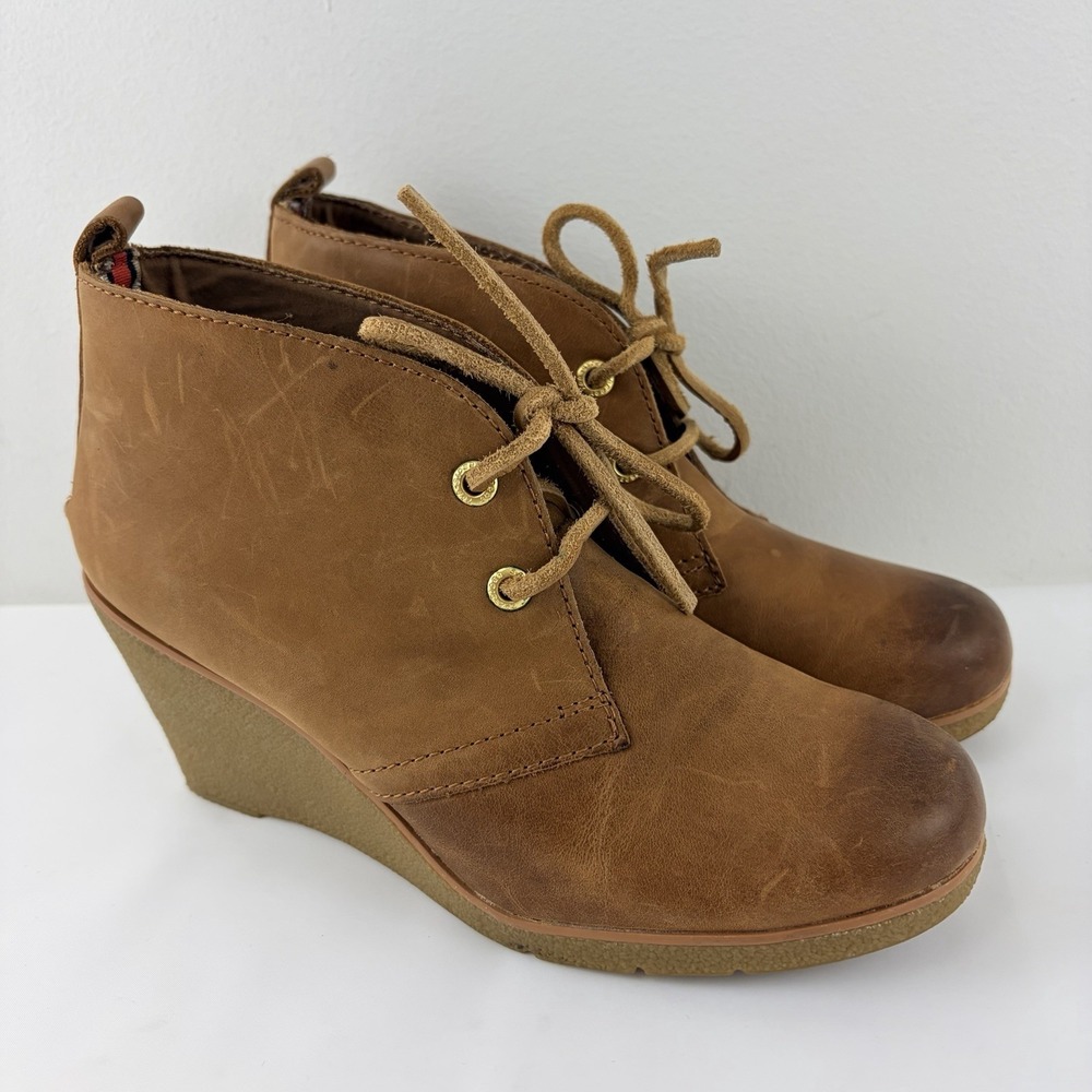 Sperry Top-Sider Brown Leather Wedge Ankle Boots Women's Size 7M Lace Up Casual